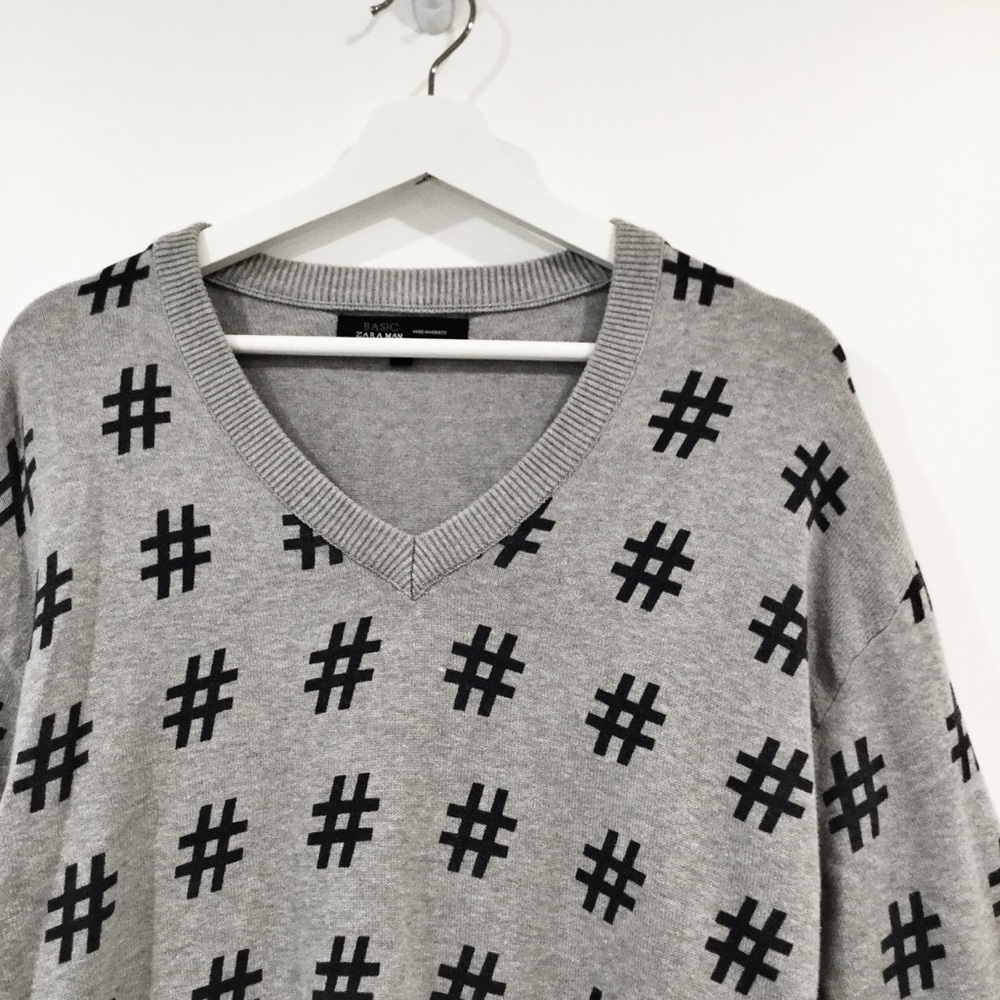 Zara Basic Grey Navy Hashtag Cottage Men's Sweater Sz XL - Picture 2 of 7